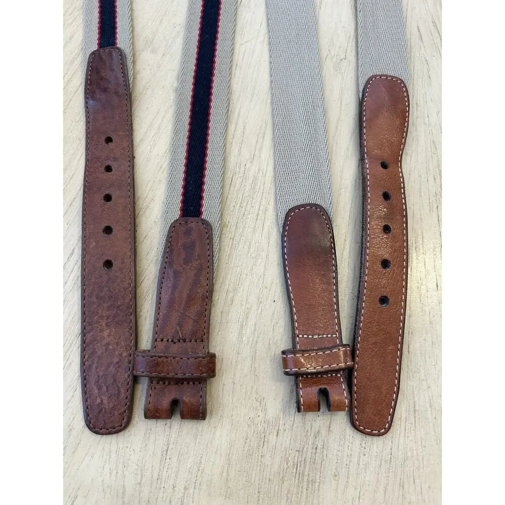 VTG Lands End Belt 42 Preppy Canvas Stripe Blue Leather Tan Y2K USA 506 Lot 2